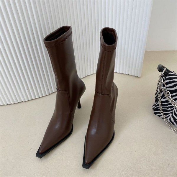 New High Heel Short Sleeve runway Boots Pointed toe Thin Heel Women's Shoes and Boots Elastic Soft Leather Fashion Boots for Women 