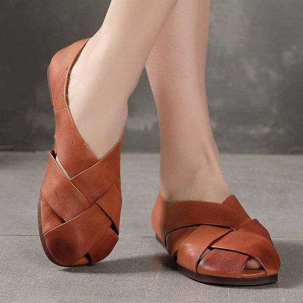 Spring and Summer New Women's Shoe Top Layer Cowhide Comfortable Soft Sole Round Head Hollow Flat Sole Single Shoe 
