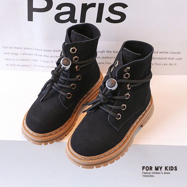 Girls wear two plush leather Martin boots, autumn and winter new children's boots, children's British fashion short boots, leather boots 