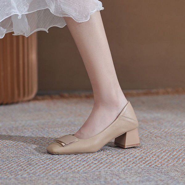 New square toe thick heel genuine leather single shoes for women's OL professional work shoes, high heels, sheepskin shallow mouth women's shoes 