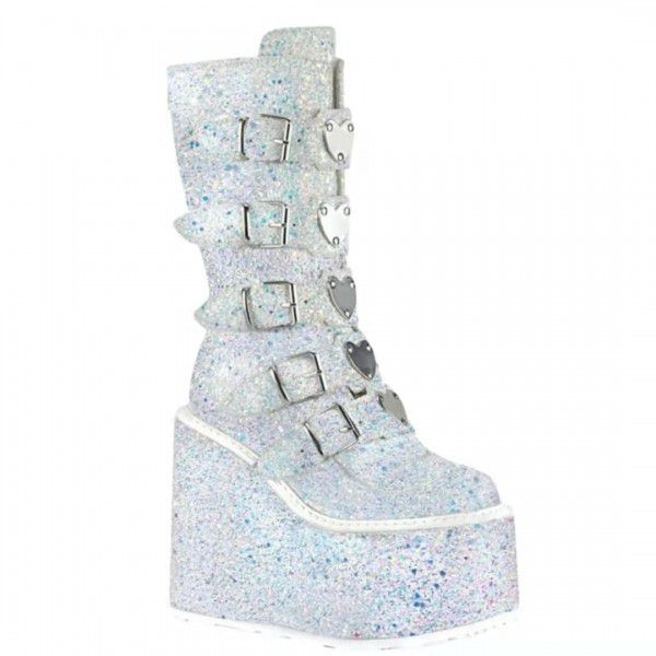 Winter New Women's Shoes Fashion Thick Sole Heart shaped Buckle Mid Barrel Sequin Wedge Martin Boots Women 