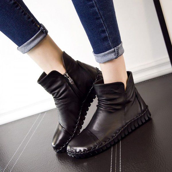 Autumn New Genuine Leather Short Boots Casual Flat Bottom Versatile Round Head Leather Boots 
