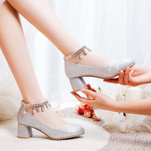 Silver single shoe women's dress with round toe hi...