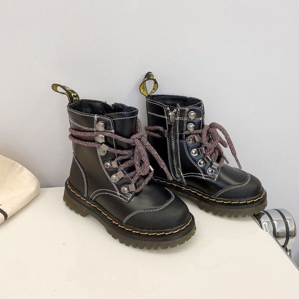 Autumn and Winter New Children's Shoes Children's English Cowhide Martin Boots Boys and Girls' Side Zipper Motorcycle Leather Boots 