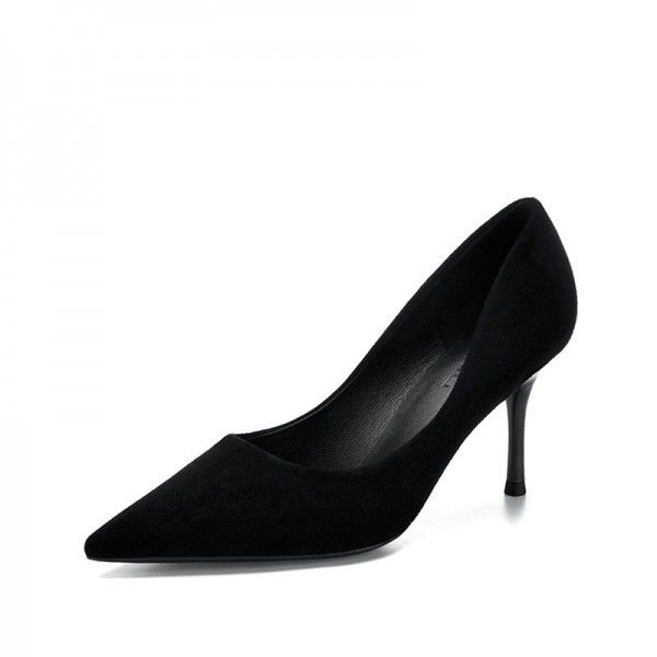Single shoe slim heeled mid heeled high heeled spring new slim heeled black suede ceremonial shoes 