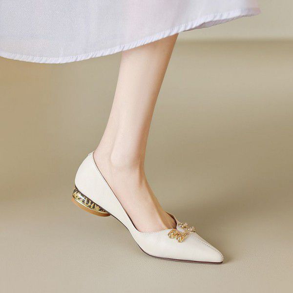 Sharp pointed beige high heels, women's thick heel...