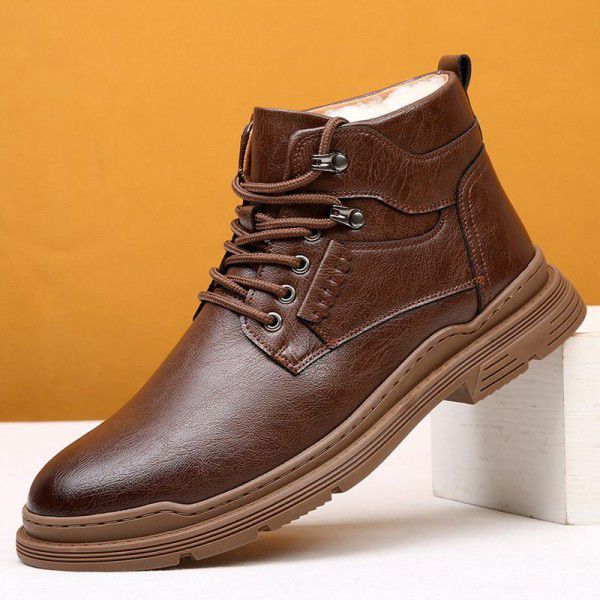 Plush Martin boots, autumn and winter new men's shoes, round toe work boots, Korean version trend leather boots, retro men's short boots 