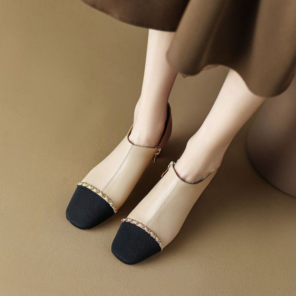 High Heels Women's Spring and Autumn New Thick Heels Retro Square Head Fairy Style Single Shoes Fashion Colored Leather Shoes 