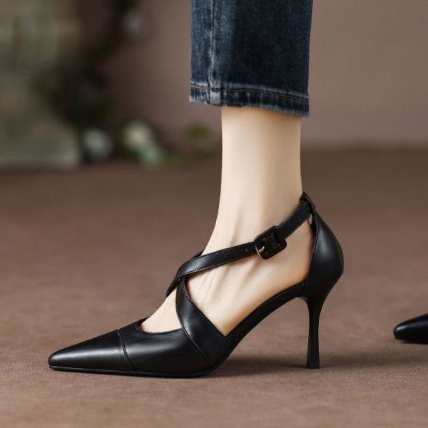 Slim high heels, summer pointed, crossed with cowh...