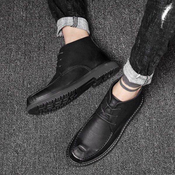 High top leather shoes, men's versatile British casual shoes, plush insulation, autumn and winter new trend Martin boots 