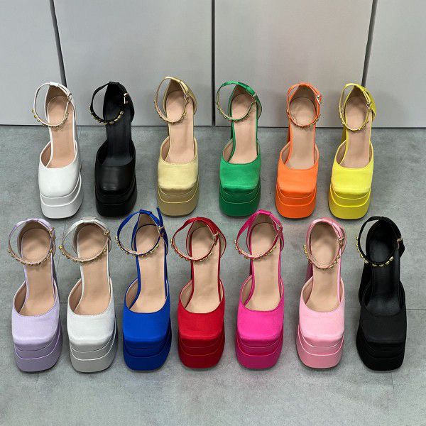 New thick high heels, candy colored single shoes, thick soled women's shoes 