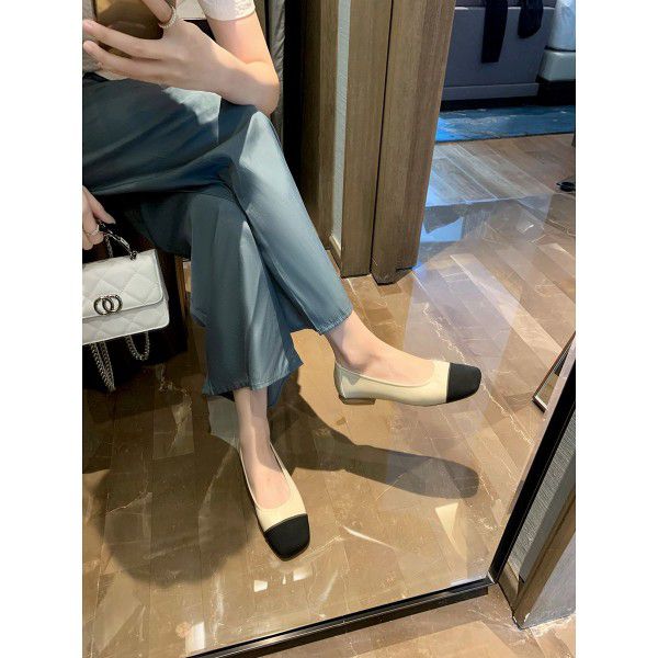 Soft soled thick heeled small fragrant style color matching light cut versatile flat sole single shoes for women in summer 