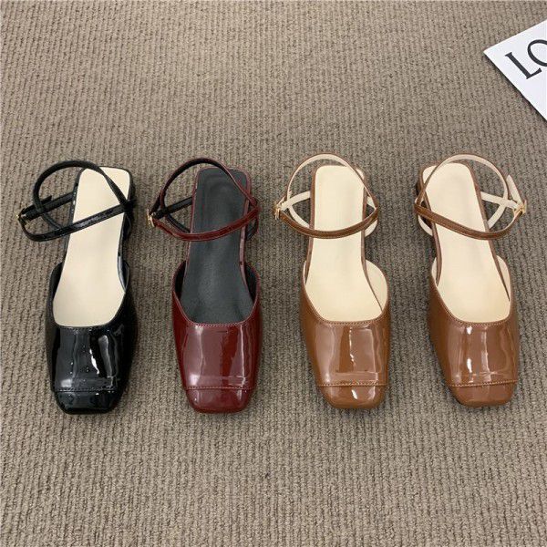 Red patent leather Baotou sandals for women in summer, versatile, square head, low heel, one button Mary Jane single shoes, Caligae 