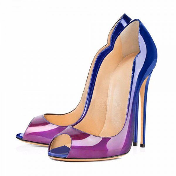 Leopard patterned fish beak patent leather high heels, women's thin heeled pointed shallow mouth party shoes, solid color single shoes, large size wedding shoes 