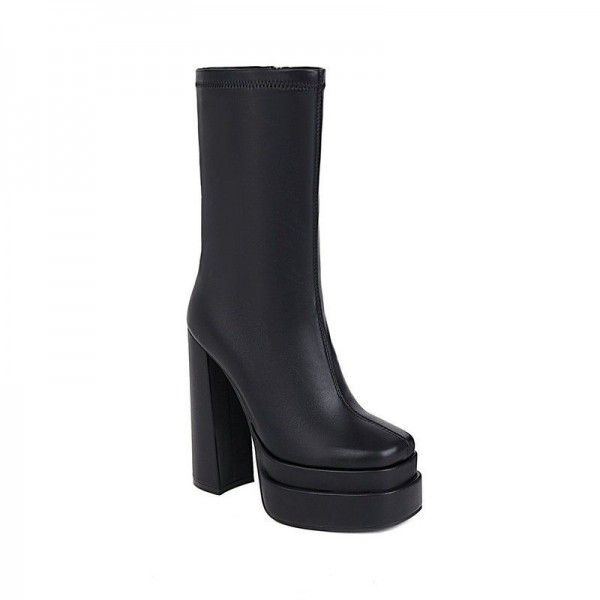 New style thick heeled waterproof platform fashion women's boots with patent leather square toe short boots 