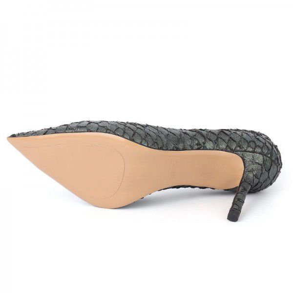 Fish skin thin heeled women's high heels, genuine leather single shoes, sheepskin lining, women's pointed versatile shoes 