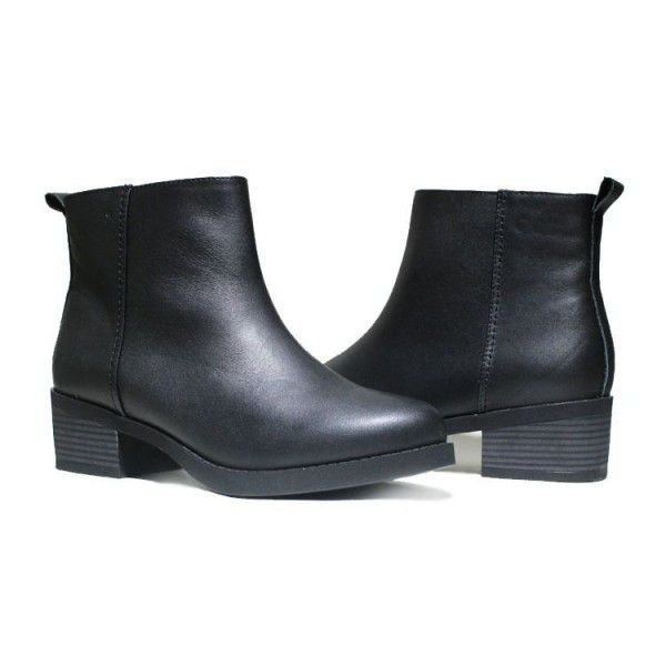 Top layer cowhide mid heel side zipper mid top women's single boot 