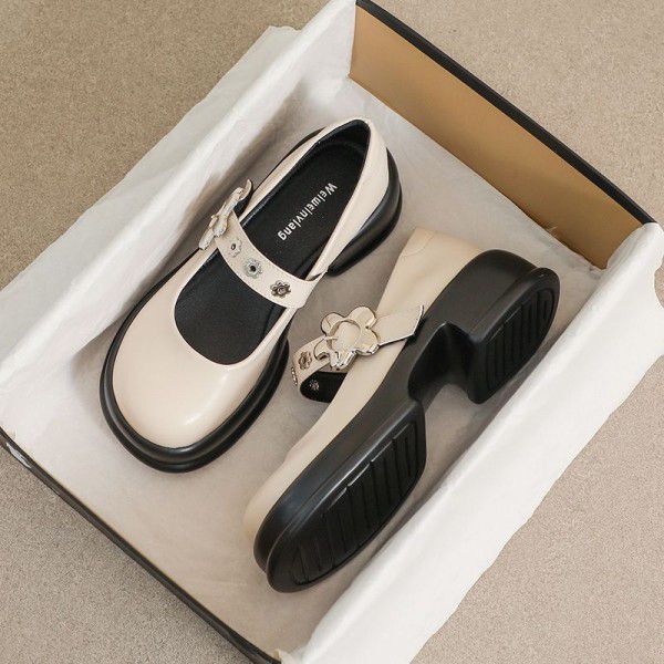 Mary Jane Shoes Women's New Round Toe Thick Sole French Vintage Single Shoe Academy One Line with Thick Heels Large Women's Shoes 