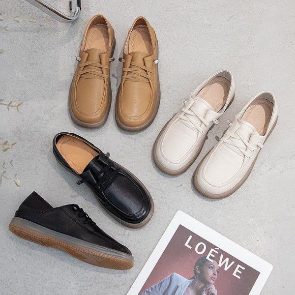 Spring/Summer Round Head Casual Women's Shoes Flat Sole Single Shoes Soft Leather Soft Sole Lazy Shoes Comfortable and Versatile Cow Muscle Sole Shoes 