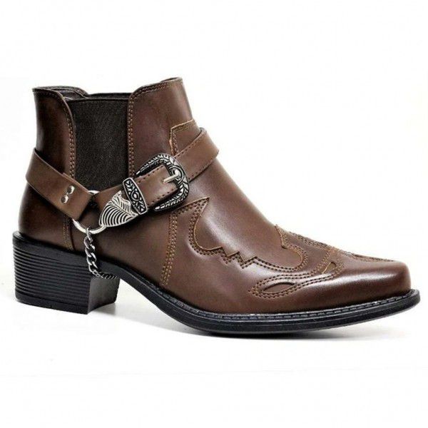 Men's short boots, fashionable and personalized, with belt buckles, thick heels, and pointed tips 