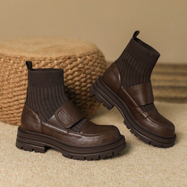 Autumn and Winter New Elastic Hosiery Boots Women's Lefufei Weaving Warm and Slim Short Boots English Style Coarse Heel Martin Boots 