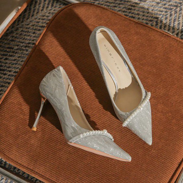 High Heel Women's Fine Heels Winter New Crystal Bridal Wedding Shoes Pointed Toe Shallow Mouth Pearl Single Shoes 
