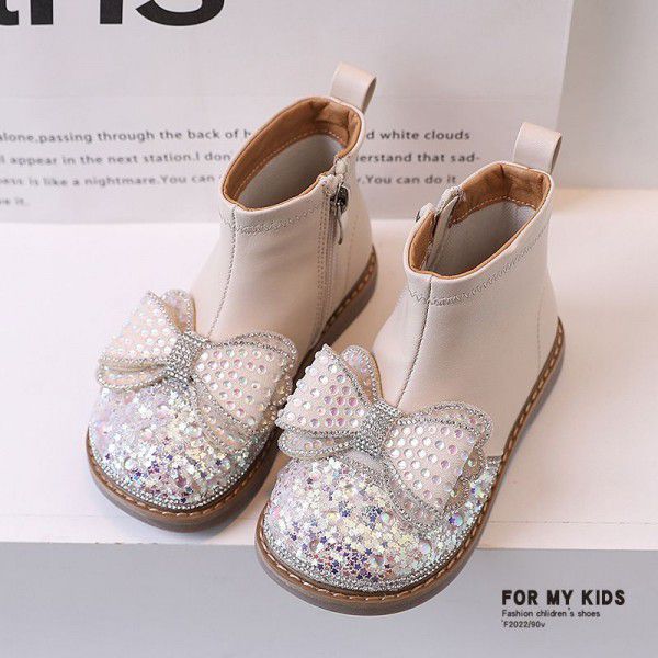 Girls' Martin Boots, Diamonds, Sequins, Bow Ties, Princess Leather Boots, Autumn and Winter New Children's Boots, Low Barrel Short Boots 