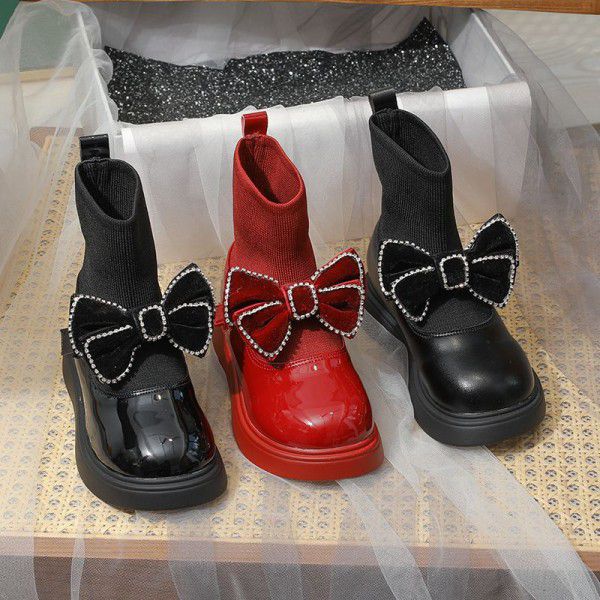 Girls' short boots=new autumn and winter bow knot children's princess single boot soft sole baby socks leather boots 