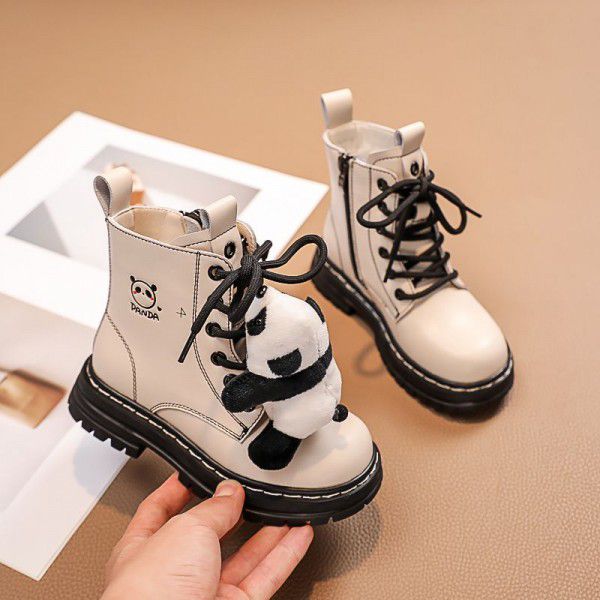 Children's Martin Boots Autumn and Winter New Girls' Cotton Short Boots Boys' Black and White Panda Leather Shoes Keep Warm 