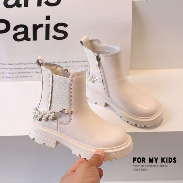 Girls' Genuine Leather Beaded Martin Boots Autumn New Little Leather Boots Black Smoke Pipe Boots Little Girls' Low Barrel Short Boots 