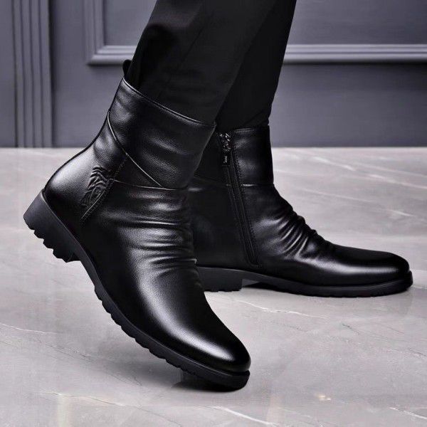 Autumn cowhide men's leather boots with anti slip zipper for warmth and youth fashion classics 