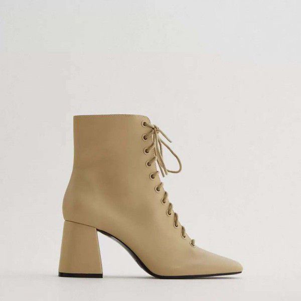 New Women's Shoes Camel Brown British Bull Leather High Heel Thick Heel Martin Short Boots New Lace up Women's Boots 