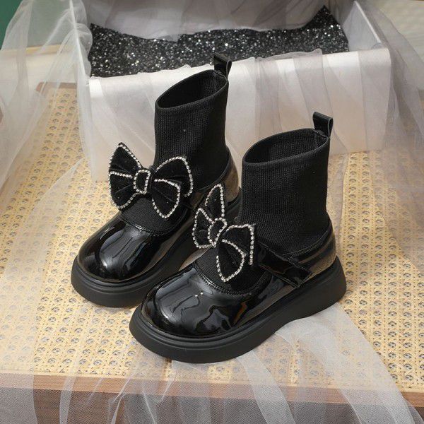 Girls' short boots=new autumn and winter bow knot children's princess single boot soft sole baby socks leather boots 