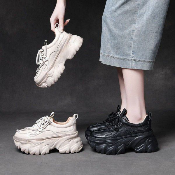 Sporty casual lace up women's shoes with genuine leather thick soles and high heels, dad's shoes and single shoes 