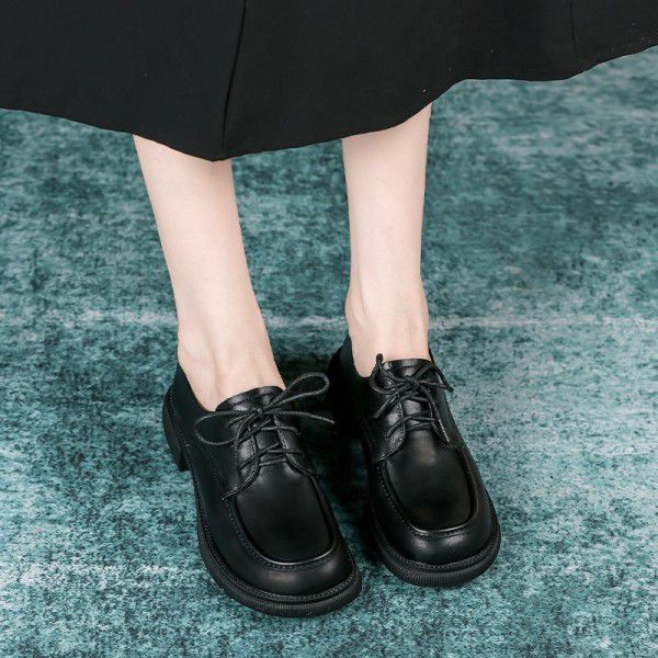 Genuine leather retro British style small leather shoes for women's spring and autumn new black versatile thick heels Japanese Lefu single shoes 
