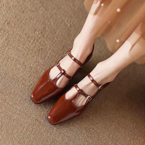 Vintage Mary Jane Shoes Women's Spring Genuine Leather High Heels, Wine Red Thick Heels, T-shaped Single Shoes, Small and Tall 