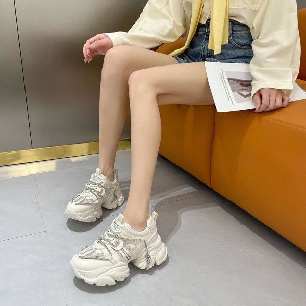 Genuine leather thick soled dad shoes for women's spring and summer new casual and versatile sports small white shoes Korean version with lace up mesh surface 