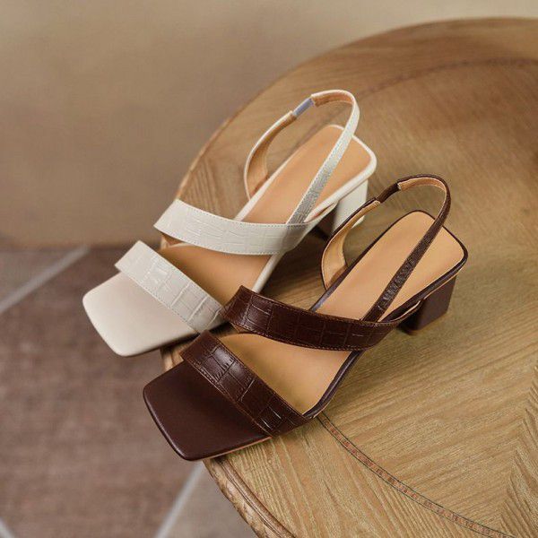 Summer New Versatile Thick Heel Open Toe Sandals Strap White High Heels Square toe Shoes Children Caligae Shoes 
