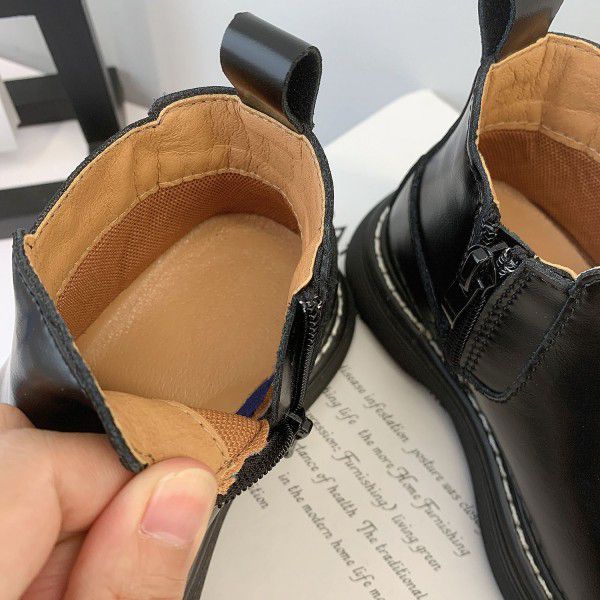 Top layer cowhide children's short boots autumn new girls British style thick sole single Martin boots men's boots trend 