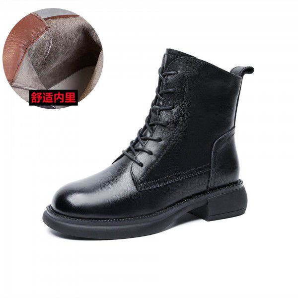 Autumn/Winter Vintage British Martin Boot Top Layer Cowhide Side Zipper Strap Women's Boot Slim Soft Short Boots 