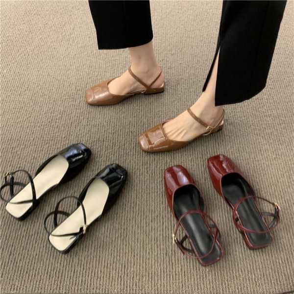 Red patent leather Baotou sandals for women in summer, versatile, square head, low heel, one button Mary Jane single shoes, Caligae 