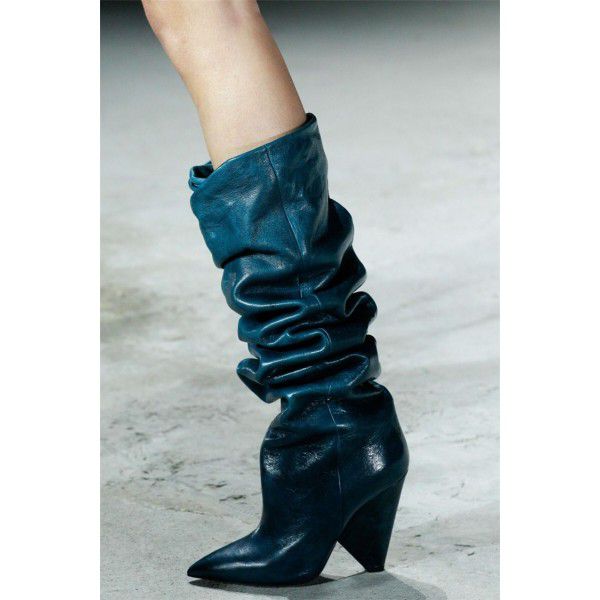 Women's shoes pleated long tube shaped heel pointed boots with stitching and cuffed elastic boots 