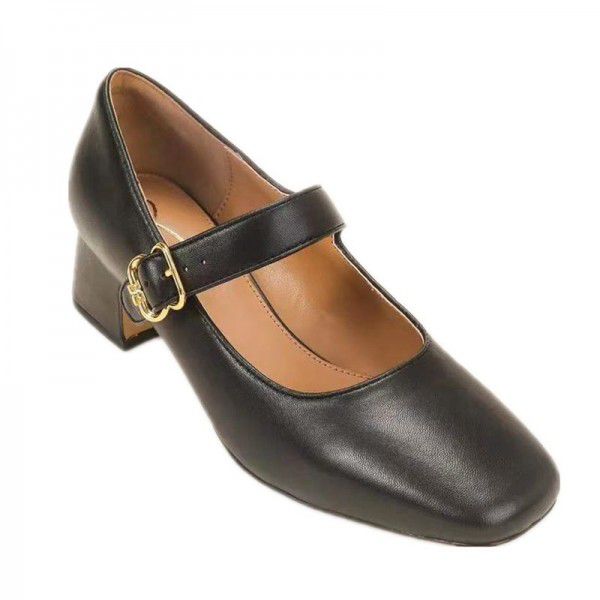 Genuine leather Mary Jane single shoes, women's headband, thick high heels, real silk velvet suede shoes, solid color casual mother's shoes 