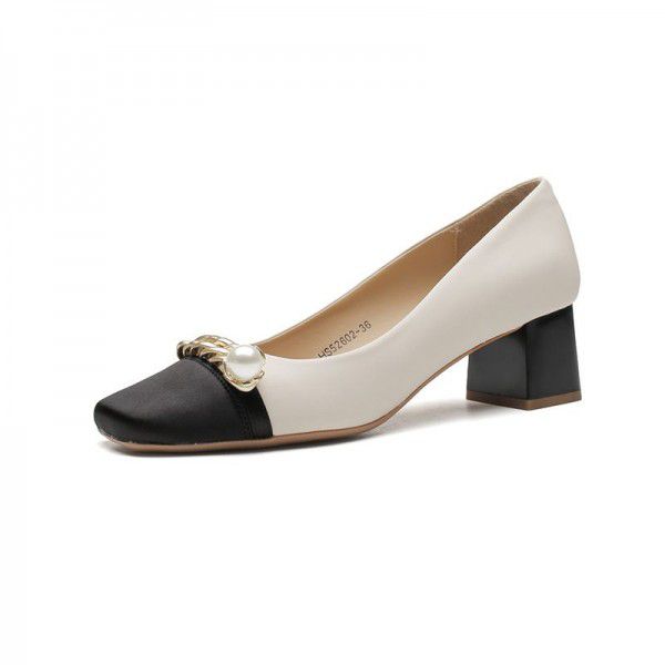Spring New French Square Head Pearl Chain Temperament Celebrity Colored Small Thick Heel Shoes Women's High Heels 