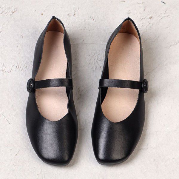 Genuine leather flat sole single shoe women's soft leather Mary Jane shoes Sen series retro square toe shallow cut cowhide literary women's shoes 