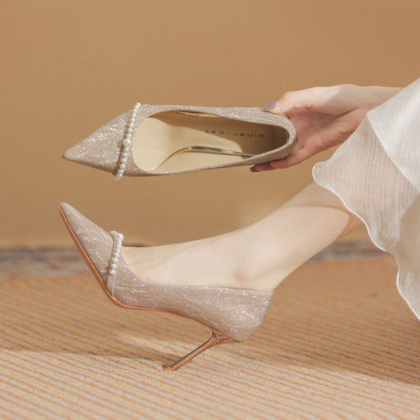 High Heel Women's Fine Heels Winter New Crystal Bridal Wedding Shoes Pointed Toe Shallow Mouth Pearl Single Shoes 