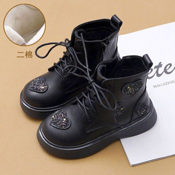 Girls' Martin boots, short boots, soft sole single boots, plush British style princess boots, cotton boots, autumn and winter children's shoes 