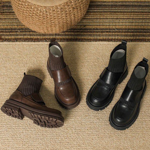 Autumn and Winter New Elastic Hosiery Boots Women's Lefufei Weaving Warm and Slim Short Boots English Style Coarse Heel Martin Boots 