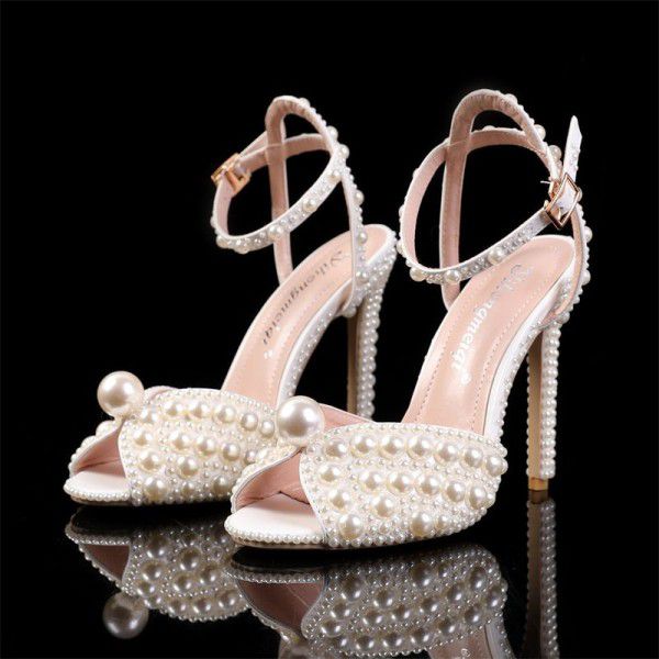 Autumn New Fish Mouth High Heels Slim Heels Shallow Mouth Water Diamond Pearl Women's Single Shoes Wedding Dress Bridal Wedding Shoes 