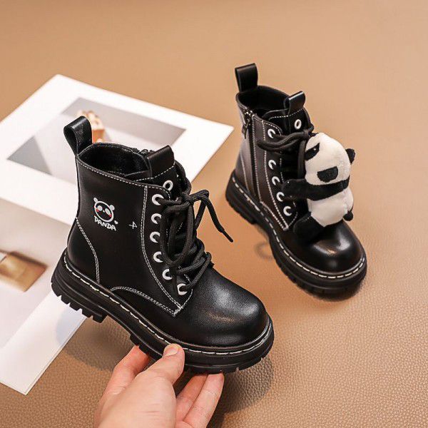Children's Martin Boots Autumn and Winter New Girls' Cotton Short Boots Boys' Black and White Panda Leather Shoes Keep Warm 